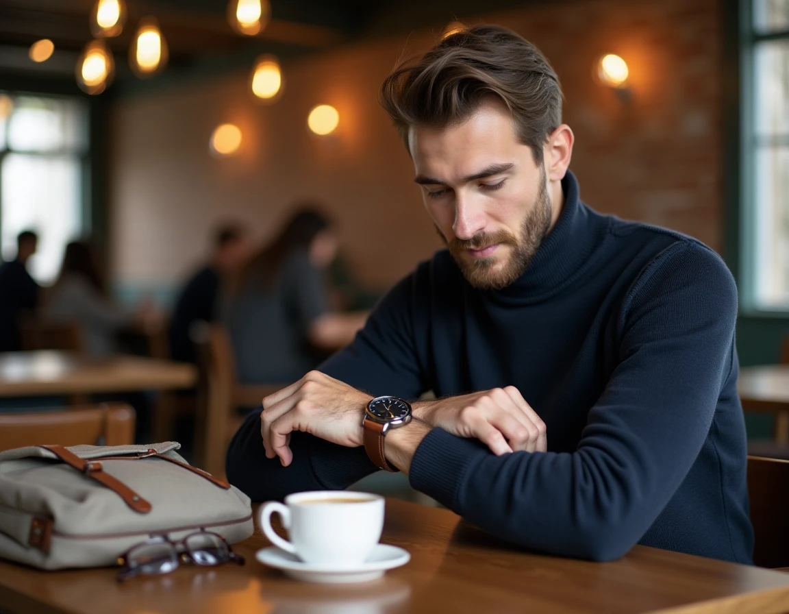 Homme élégant dans un café ajustant sa montre en cuir, avec lunettes écaille et tote bag en toile posés sur la table