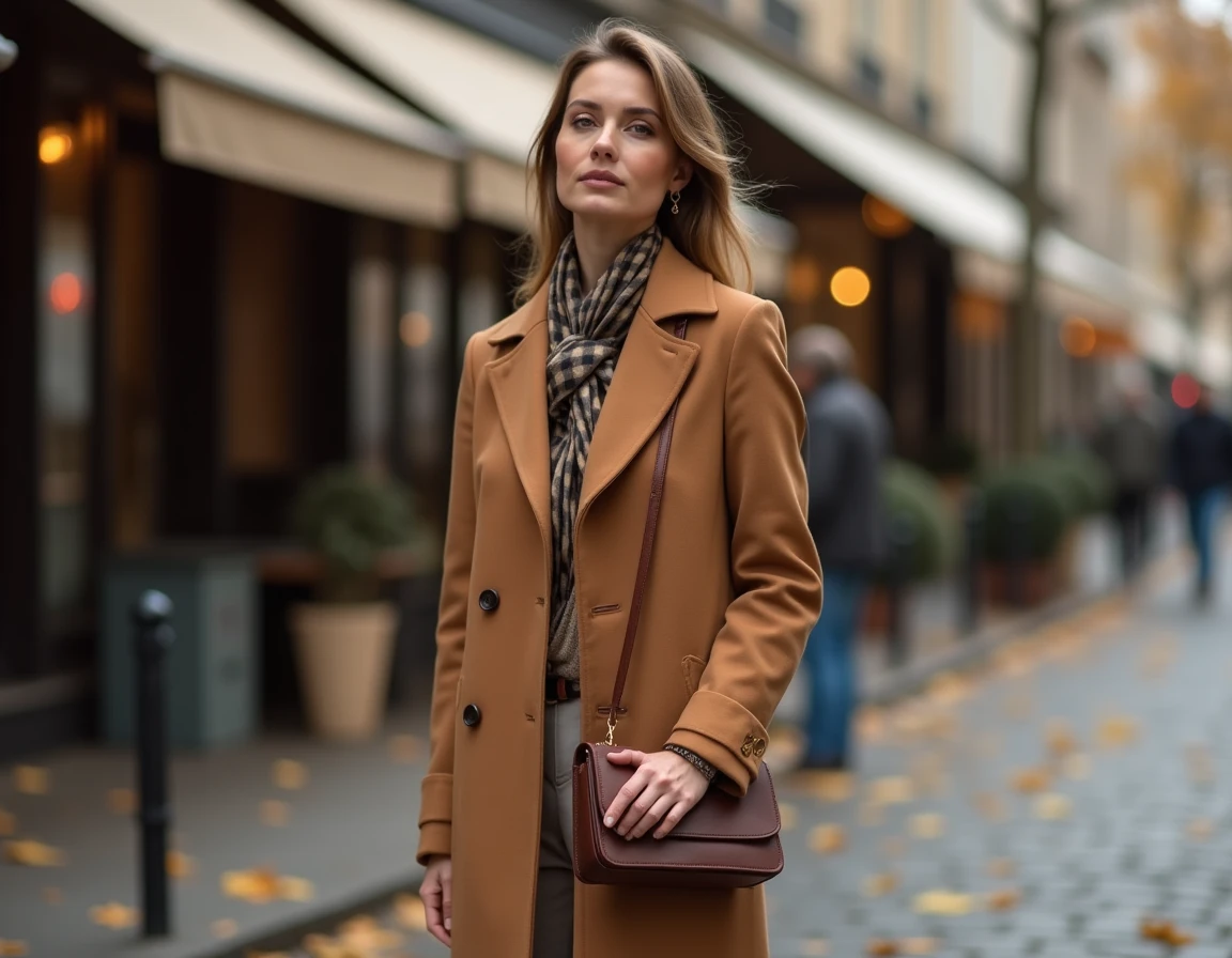 Femme élégante portant un manteau camel, un sac en cuir structuré et un foulard en soie dans une rue parisienne en automne