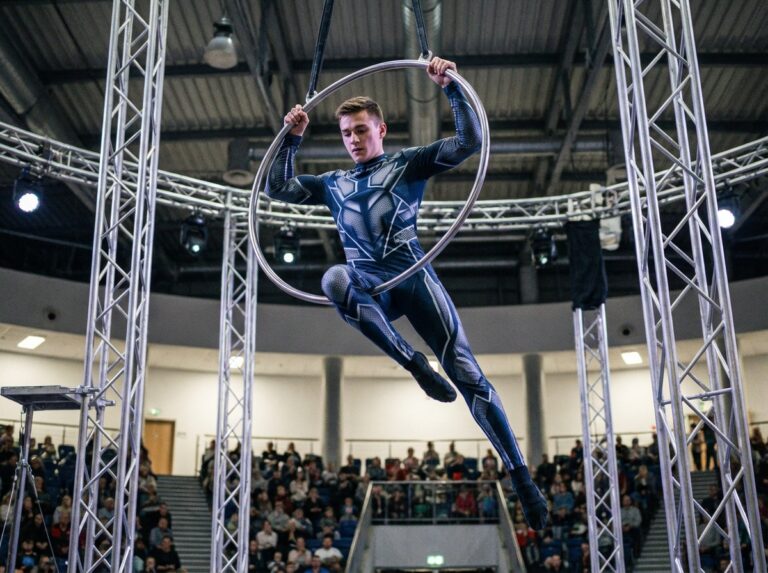 Performeur de cirque futuriste en plein vol dans une arène moderne