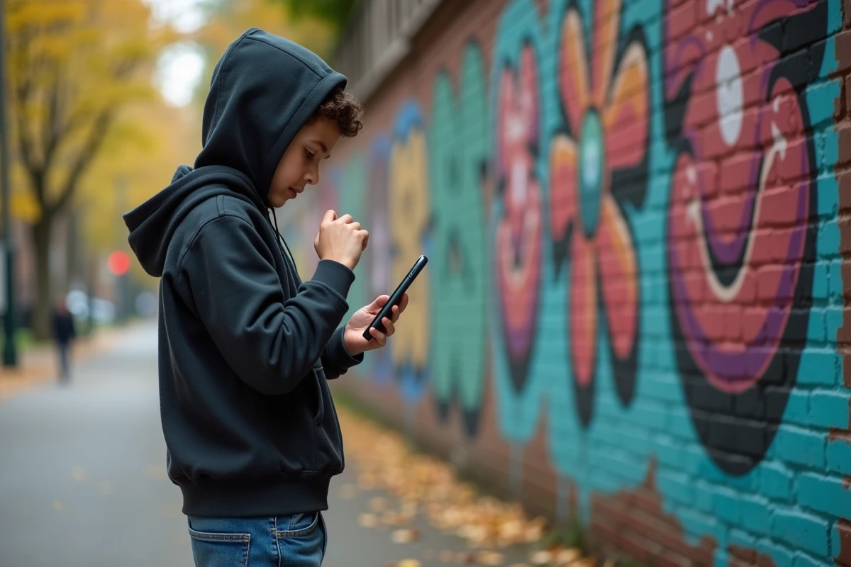 Adolescent utilisant smartphone près d’un mur de graffitis urbains