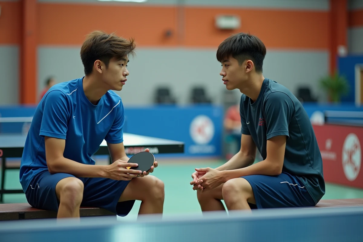 Jeune homme de tennis de table discutant entre les matchs dans une salle colorée