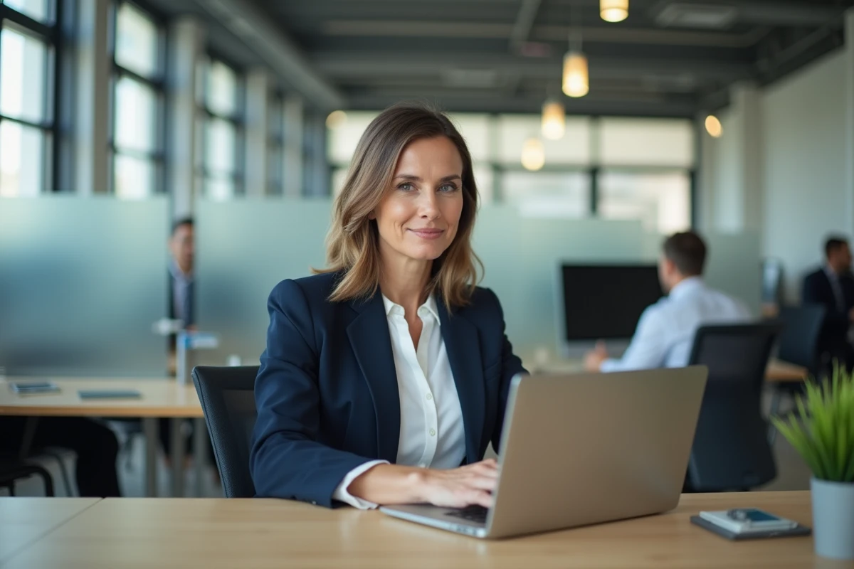 Agente municipale connectée à son espace IntraParis sur un ordinateur portable dans un bureau administratif moderne