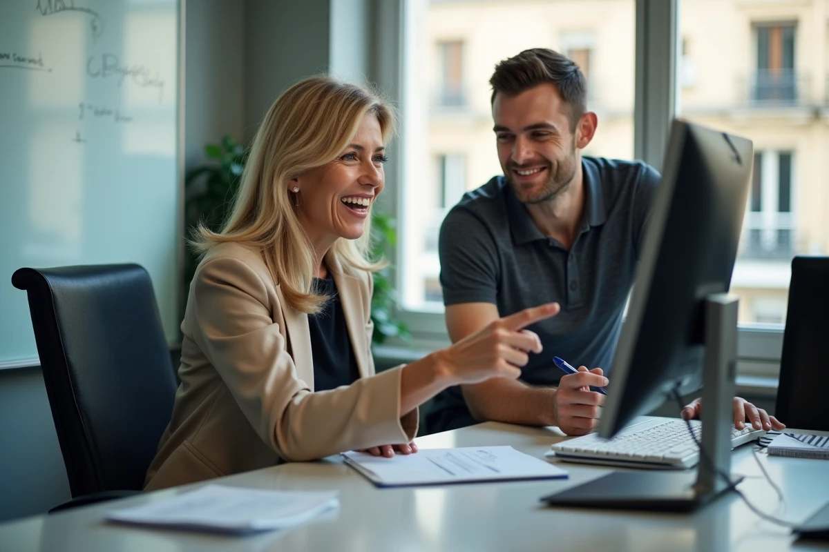 Two Parisian administrative agents consulting together the management of an IntraParis account on a shared workstation