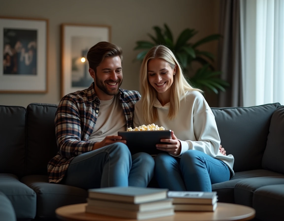Deux amis regardant ensemble un film gratuitement en streaming sur une tablette dans leur appartement