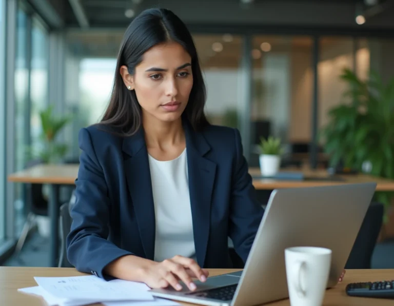 Femme professionnelle analysant des documents financiers dans un bureau moderne, illustrant la prudence face aux services de transfert d'argent