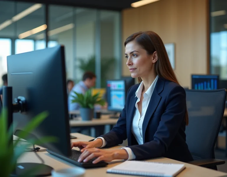 Analyste professionnelle étudiant des tableaux de bord de données clients sur plusieurs écrans dans un bureau moderne