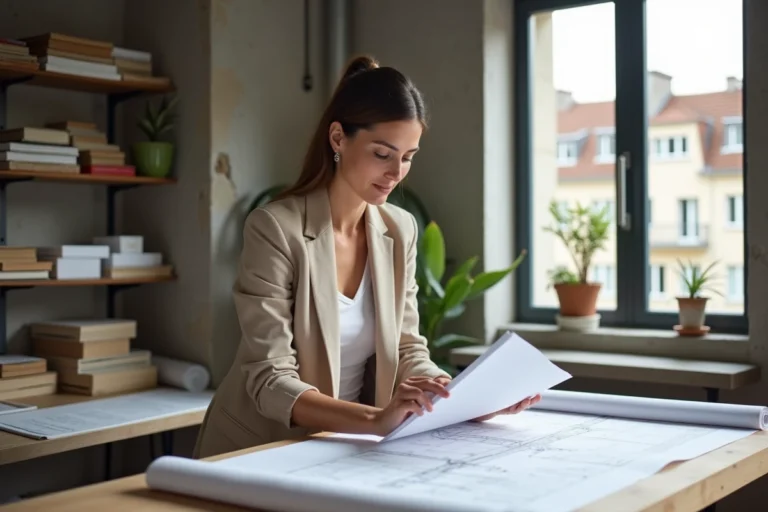 Architecte d'intérieur à Rennes étudiant des plans de rénovation dans un studio contemporain avec matériaux naturels