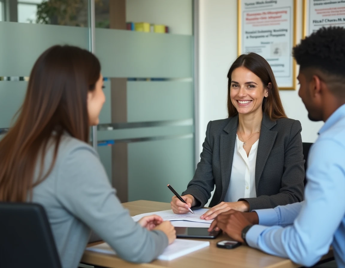 Assistante sociale accompagnant un jeune couple lors d'une consultation sur les aides familiales dans un bureau d'action sociale