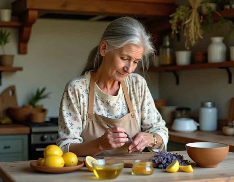 Femme âgée soignant ses ongles avec des remèdes naturels dans une cuisine rustique
