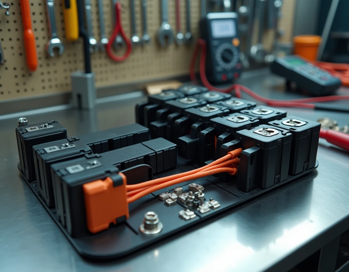 Batterie hybride démontée avec cellules et câbles haute tension sur établi de garage