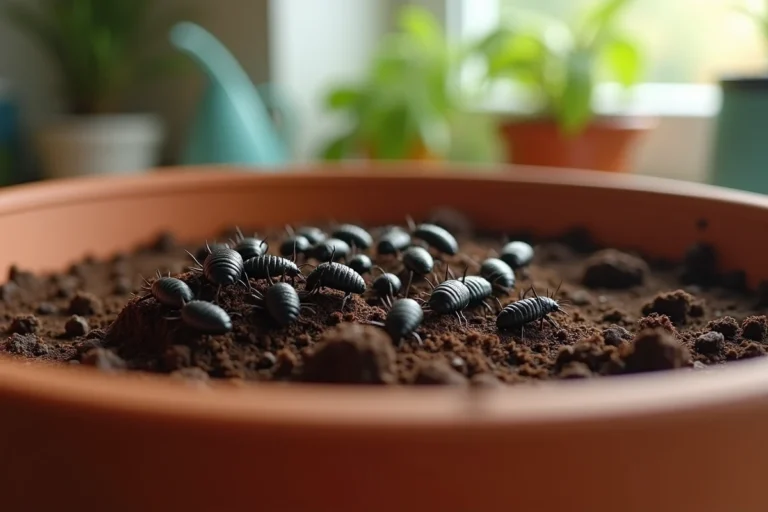 Gros plan macro de collemboles noirs sur de la terre humide dans un pot de fleurs en terre cuite
