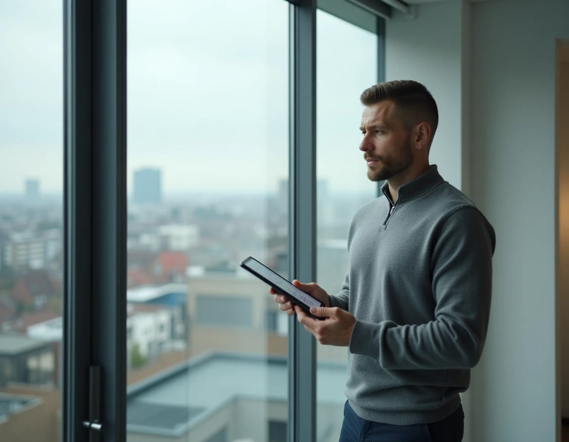 Dirigeant consultant analysant un rapport de satisfaction client sur tablette depuis un espace de coworking avec vue urbaine