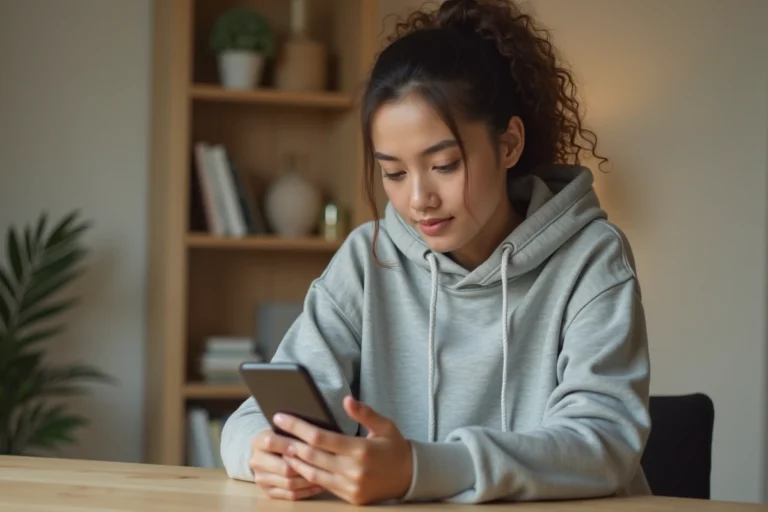 Jeune femme consultant Instagram discrètement sur son smartphone depuis un bureau à domicile