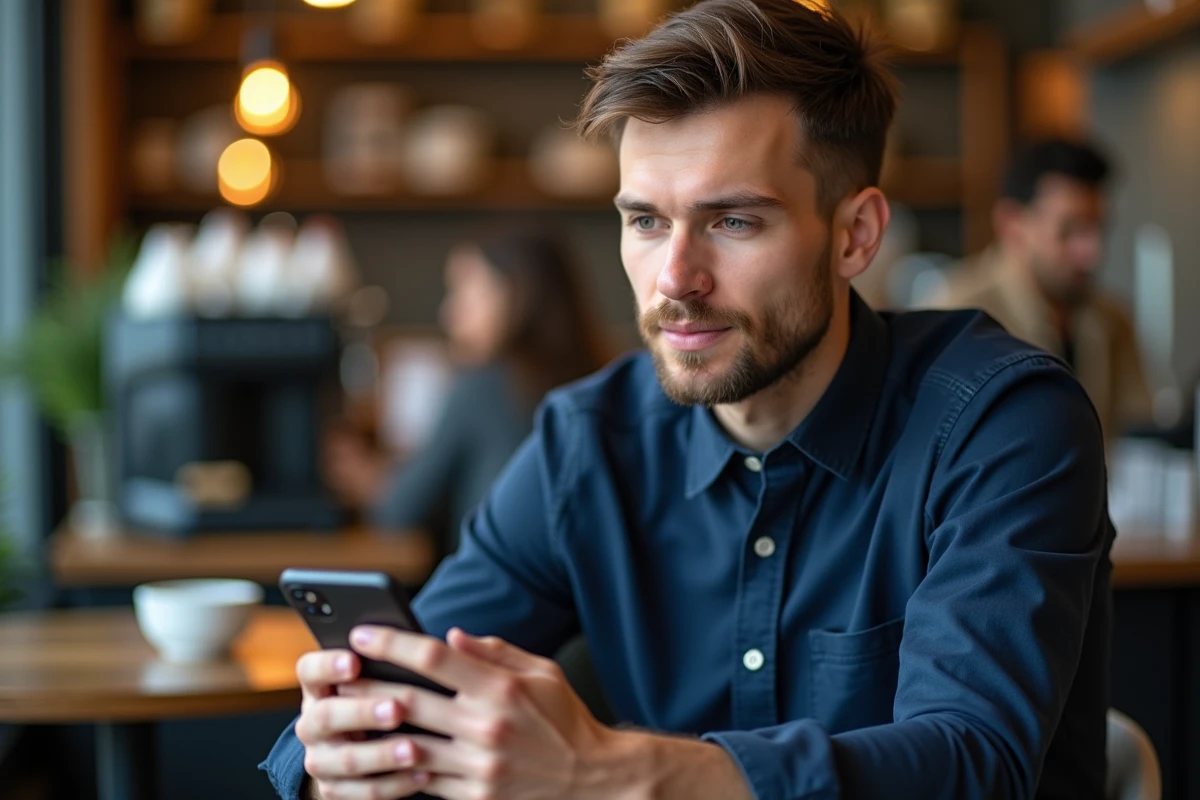 Homme consultant des profils Instagram en toute discrétion dans un café urbain moderne