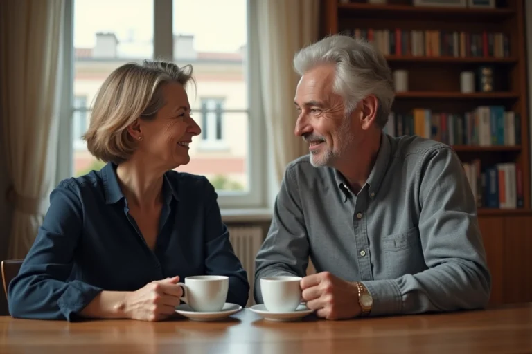 Couple complice partageant un café dans un appartement parisien chaleureux, regard amoureux et atmosphère intime