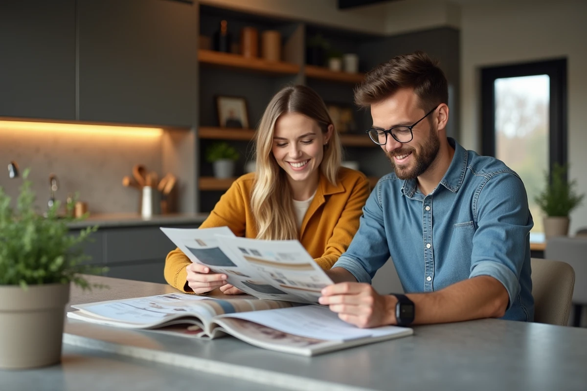 Jeune couple comparant échantillons de tissus dans la cuisine