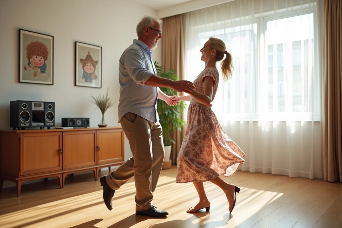 Couple d'âge mûr pratiquant les pas du madison avec joie dans un salon lumineux avec décoration vintage