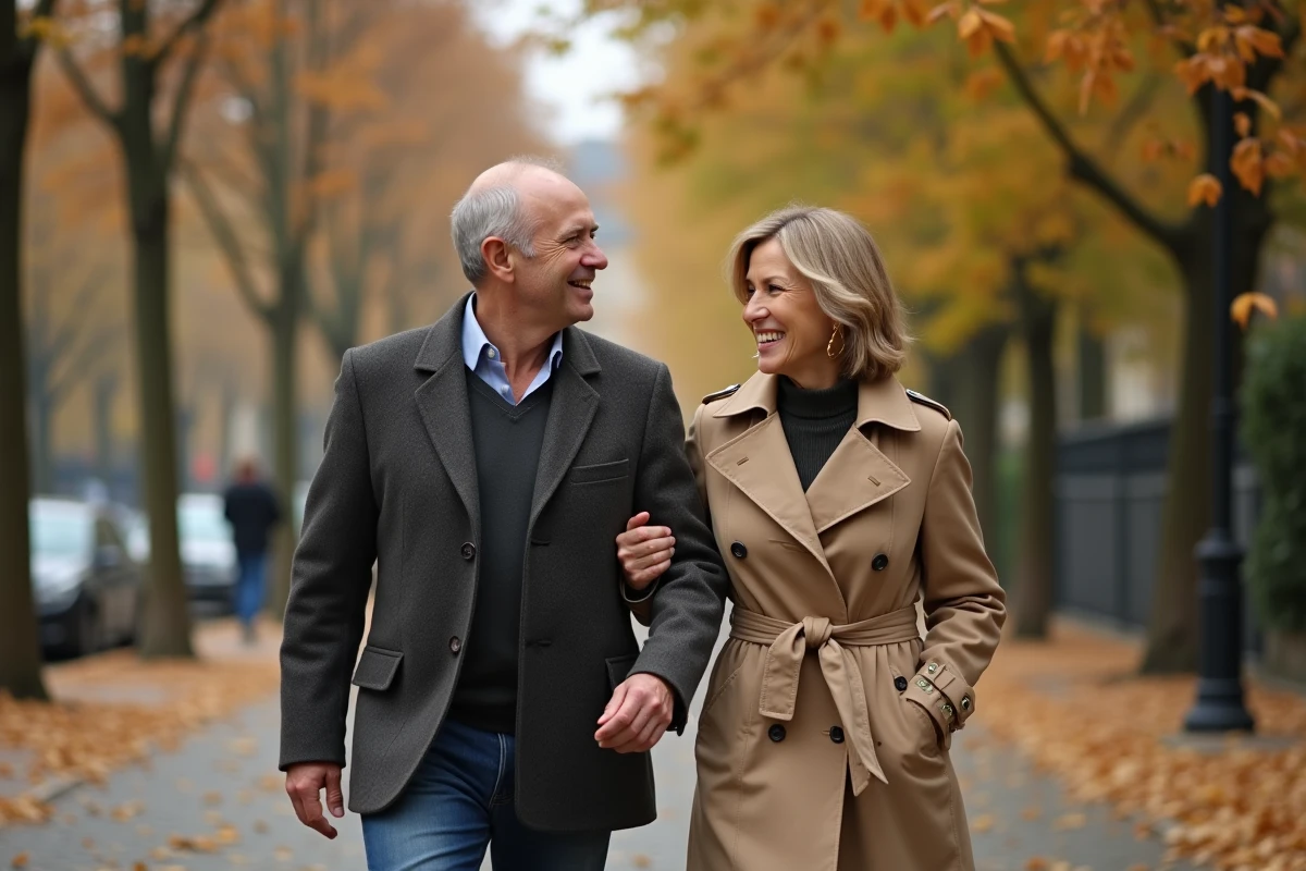 Couple se promenant bras dessus bras dessous sur un boulevard parisien en automne, complicité et élégance naturelle