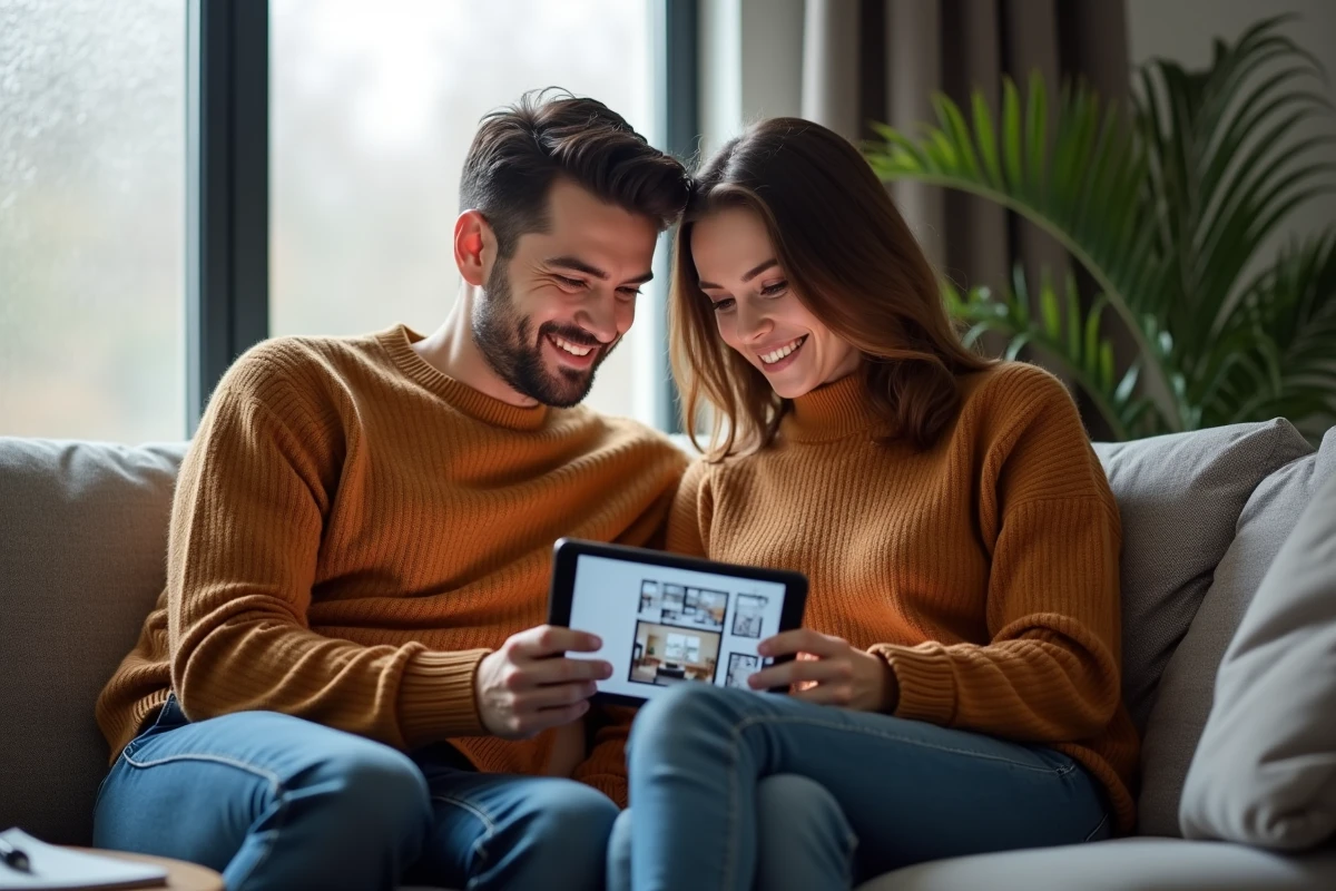 Couple cherchant un appartement sur une tablette numérique assis ensemble dans leur salon