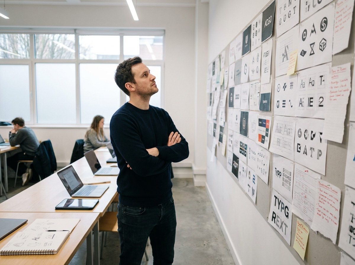 Designer graphique analysant un mur de maquettes et itérations de logos en salle de classe