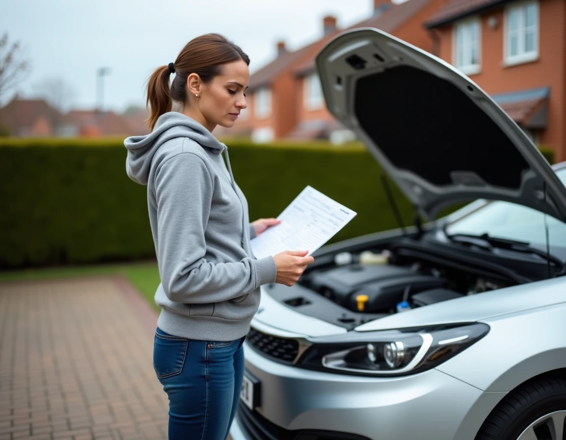 Femme consultant un devis de remplacement de batterie hybride devant sa voiture
