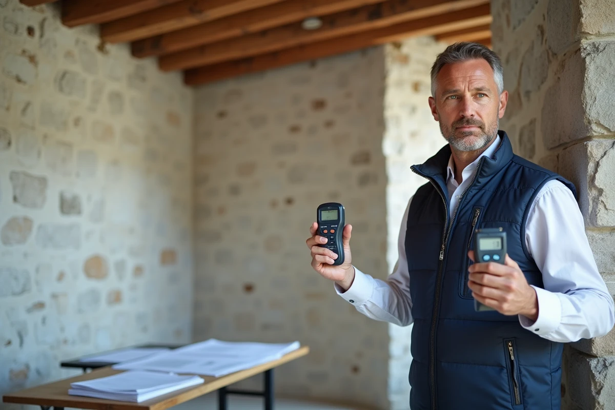 Diagnostiqueur immobilier réalisant un diagnostic d'humidité sur un mur en pierre dans une maison ancienne à Rennes