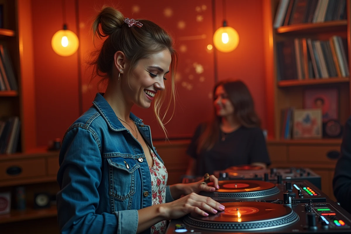 DJ femme sélectionnant un vinyle pour animer une soirée madison dans un club intimiste avec décoration rétro