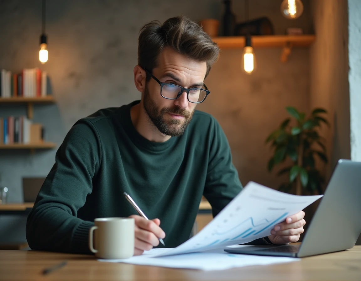 Entrepreneur analyzing a marketing strategy report in a modern coworking space