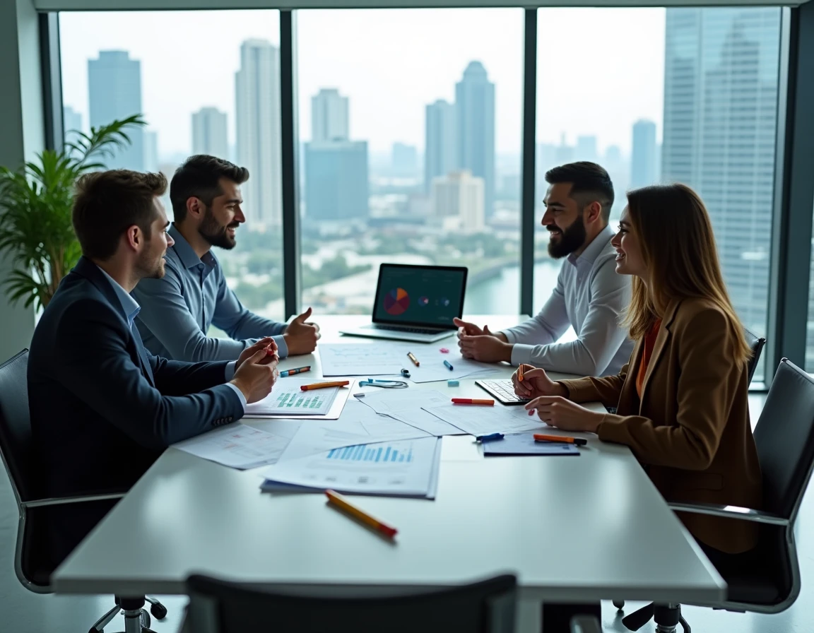 A team of professionals in a strategic marketing planning meeting around a conference table