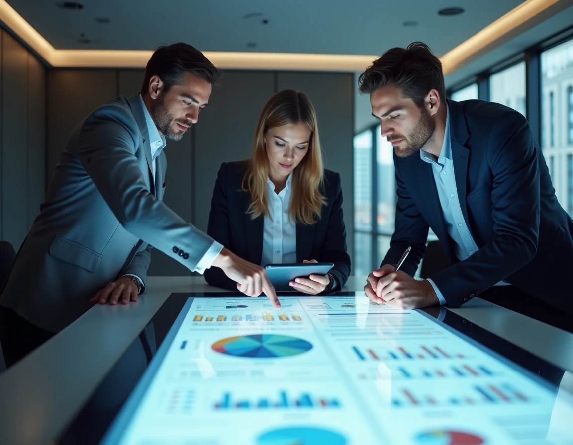 Équipe de professionnels collaborant autour d'une table tactile avec des visualisations de veille stratégique et d'expérience client
