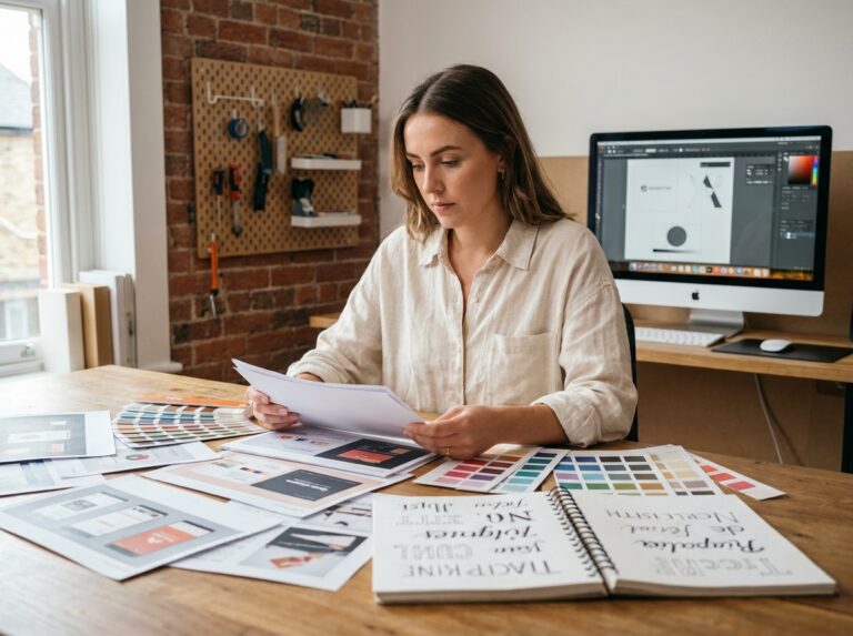 Étudiante en design graphique révisant son portfolio imprimé dans un studio créatif