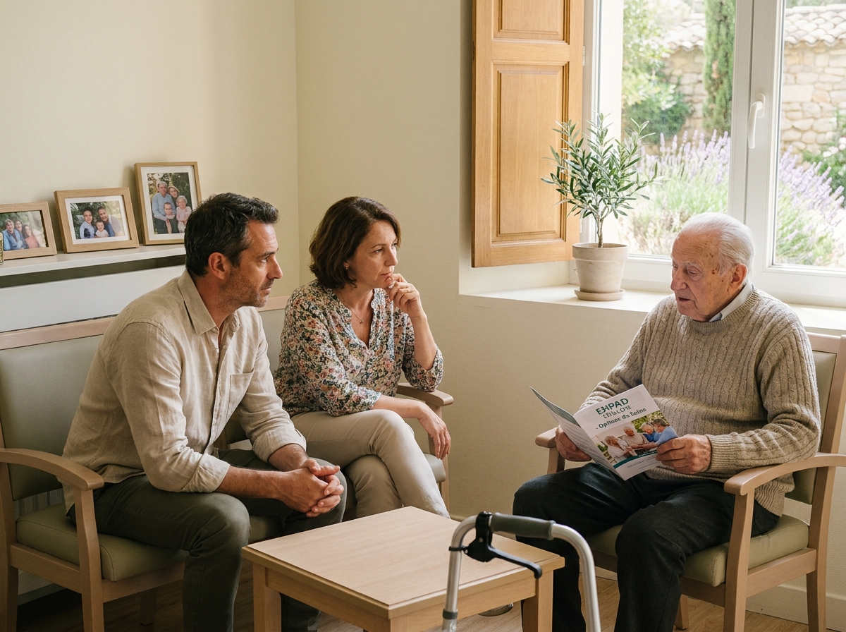 Une famille en visite dans la chambre d'un résident pour choisir un EHPAD adapté à Toulon, ambiance familiale et bienveillante