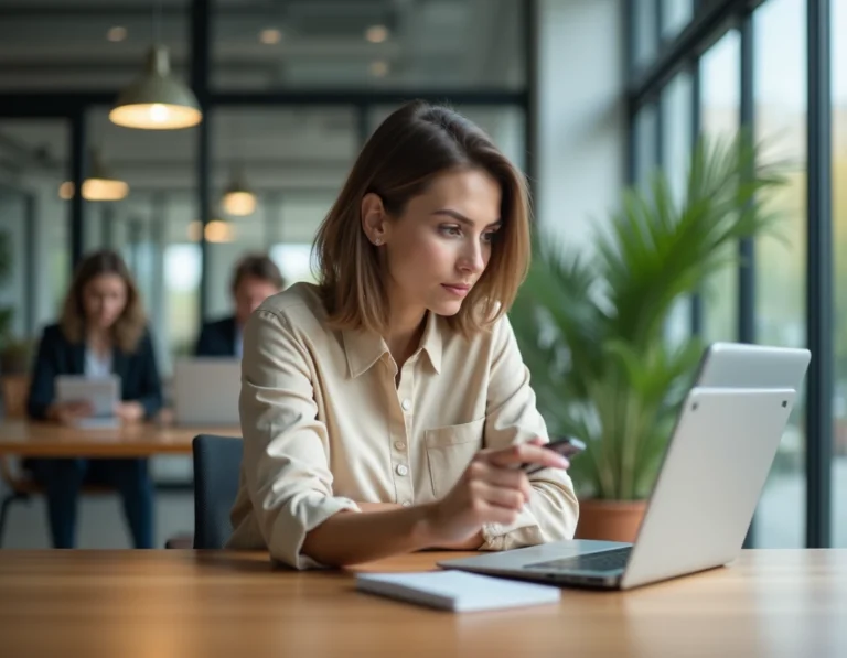 Femme lisant l'actualité sur une tablette dans un bureau moderne et contemporain