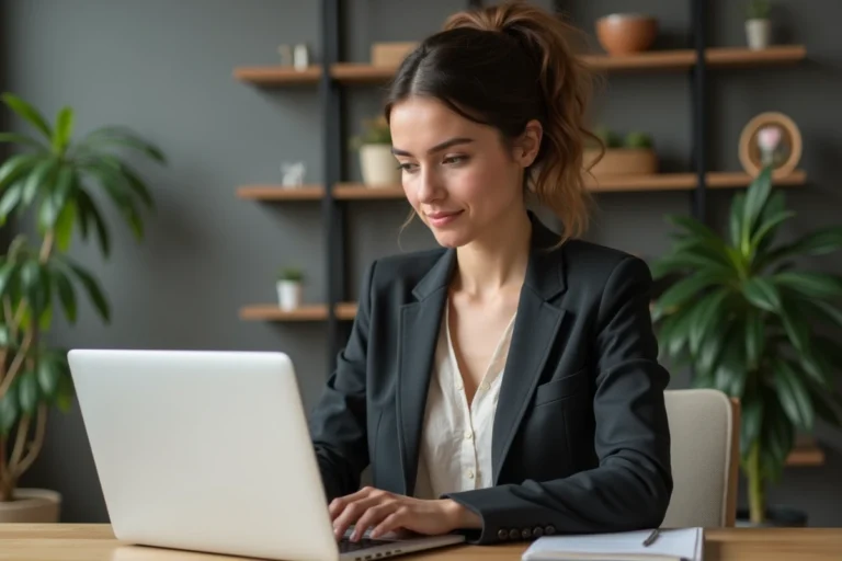 Femme en bureau à domicile travaillant sur son ordinateur