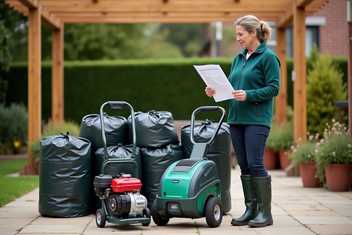Femme comparant deux modèles de broyeurs de végétaux dans un jardin aménagé pour choisir le meilleur appareil