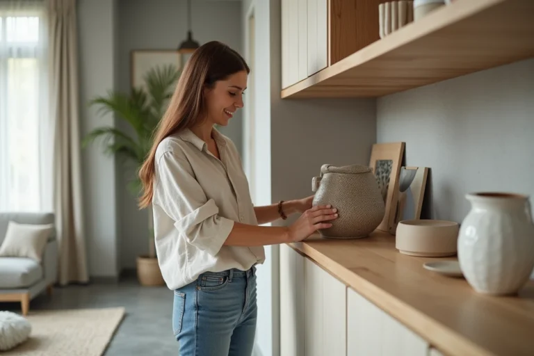 Femme arrangeant décor moderne dans un salon lumineux