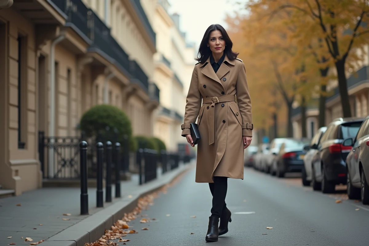 Femme en trench marche dans une rue parisienne automnale