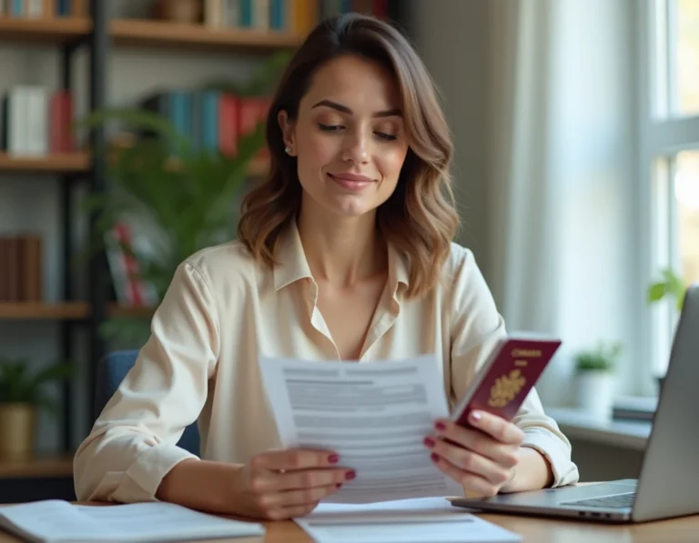 Femme consultant son permis de conduire international CAA et son passeport canadien à son bureau à domicile