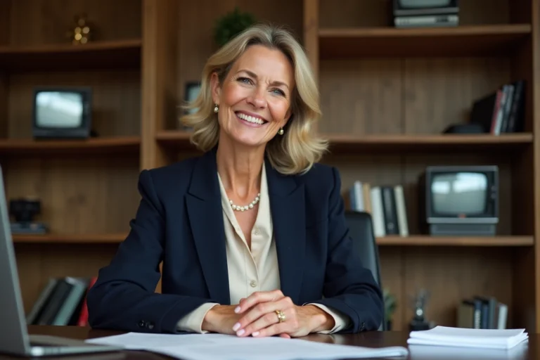 Femme élégante en blazer navy dans un bureau professionnel