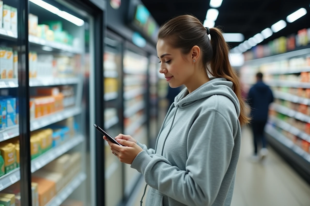Femme scannant un produit en supermarché avec l'application Roamler sur smartphone