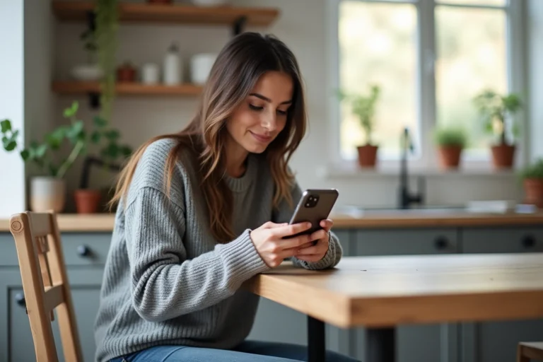 Jeune femme avec smartphone dans une cuisine lumineuse
