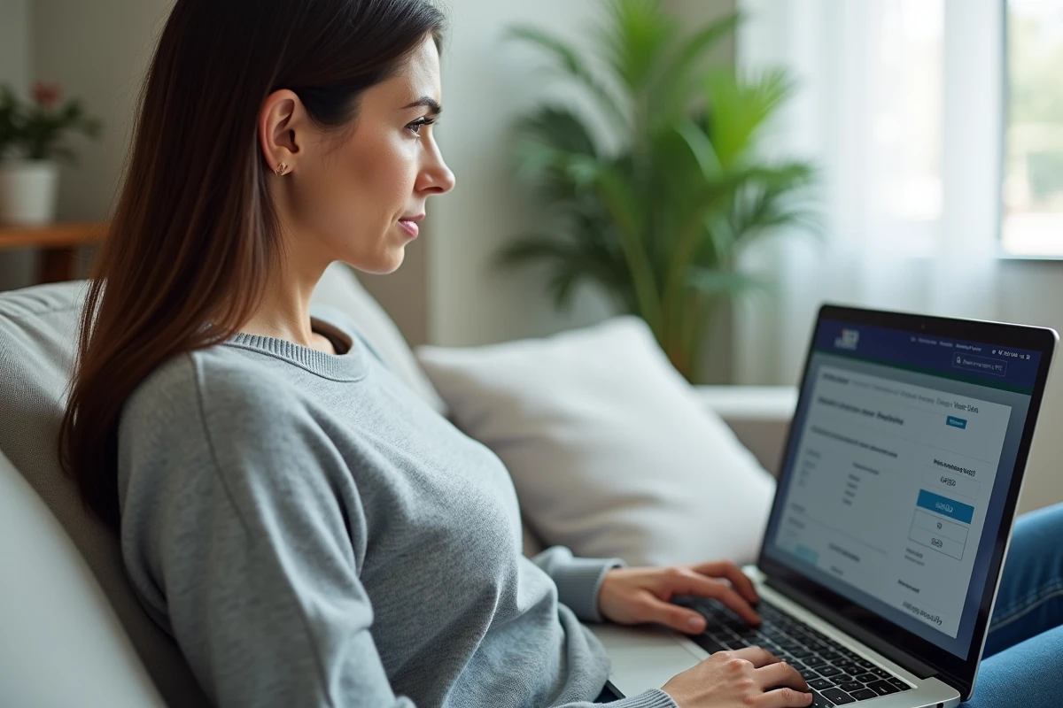 Femme consultant le site officiel de l'ANTS sur un ordinateur portable pour vérifier l'enregistrement de sa cession de véhicule