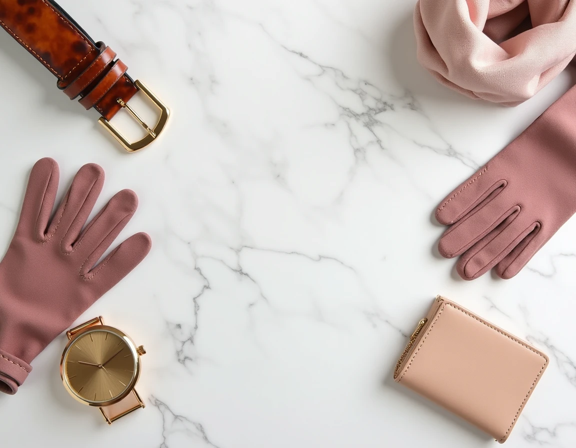 Flatlay d'accessoires de mode essentiels sur marbre blanc : ceinture écaille, montre dorée, gants en daim et foulard en soie
