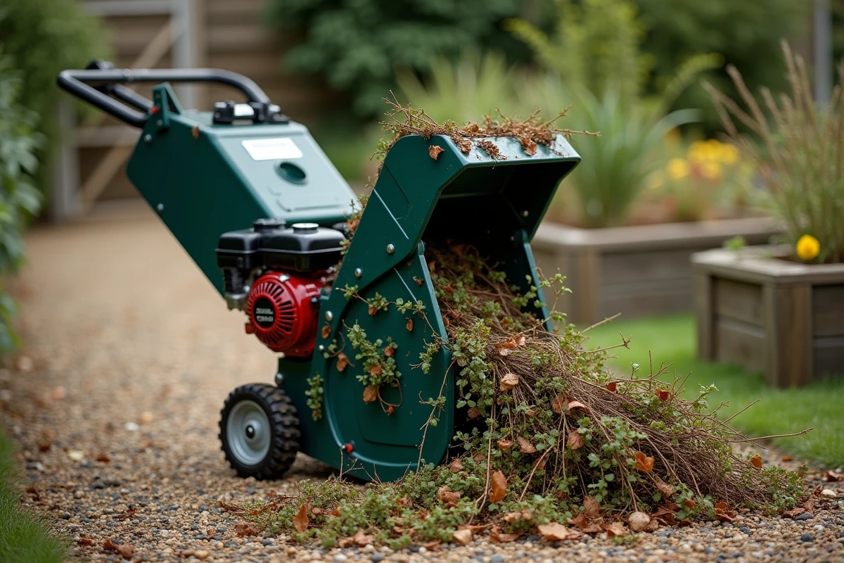 Gros plan sur un broyeur de végétaux thermique avec des branches et des déchets verts sur un chemin de gravier