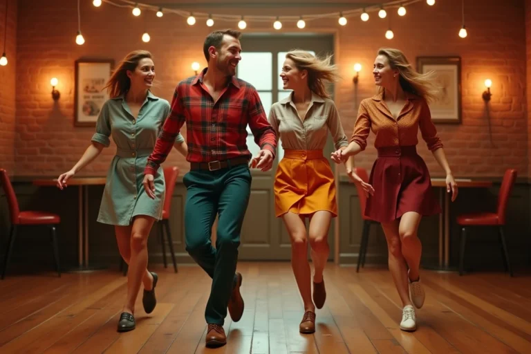 Groupe d'adultes dansant le madison en tenue rétro des années 60 dans une salle de danse vintage au parquet usé