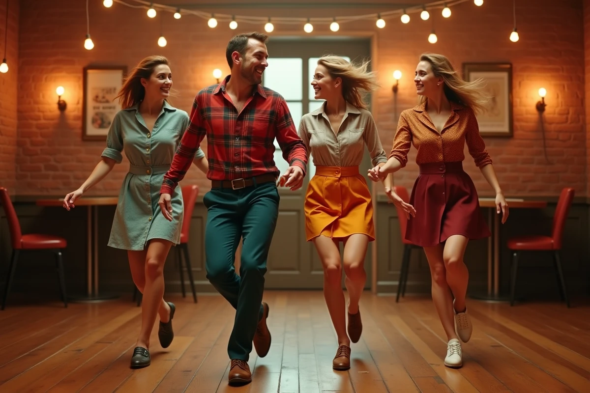 Groupe d'adultes dansant le madison en tenue rétro des années 60 dans une salle de danse vintage au parquet usé
