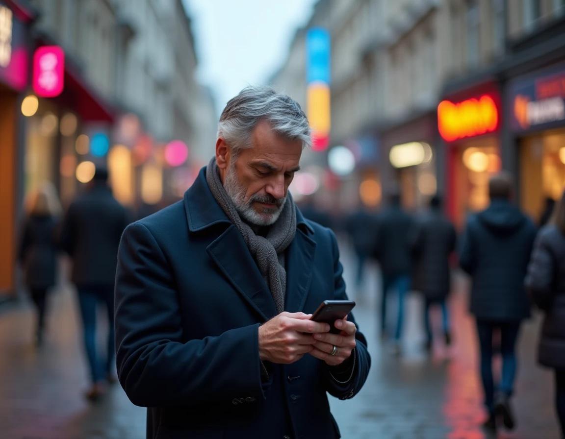 Homem consultando as notícias em seu smartphone em uma rua movimentada de uma cidade europeia