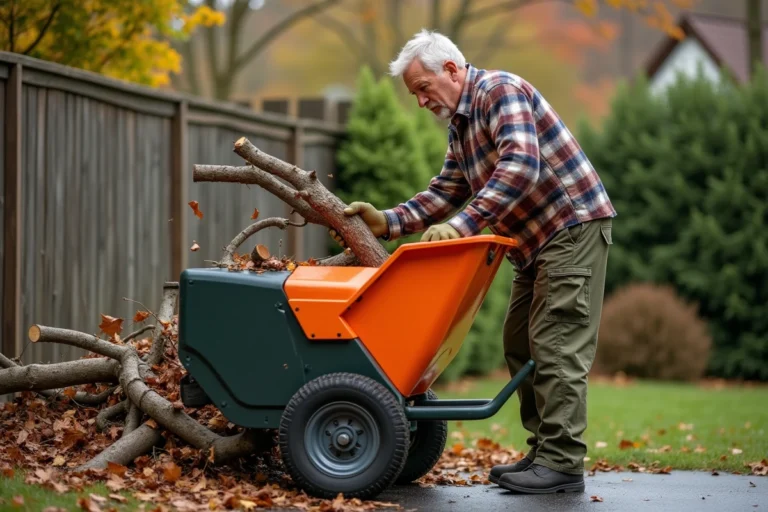 Homme utilisant un broyeur de végétaux électrique dans un jardin en automne pour broyer des branches épaisses