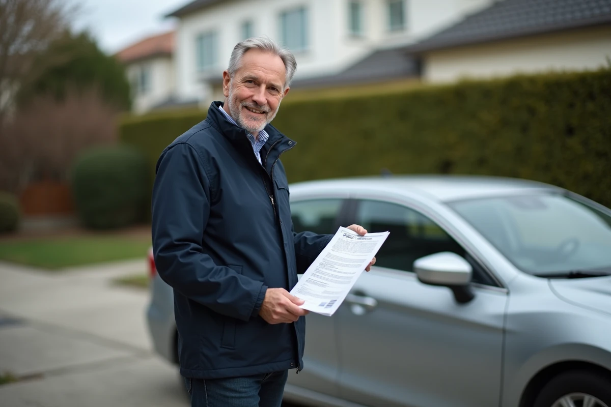 Homme tenant un certificat de cession de véhicule devant sa voiture garée dans une allée résidentielle