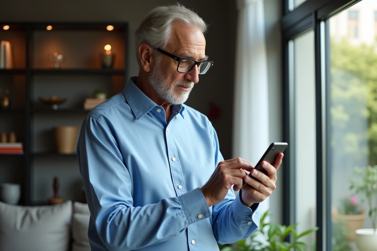 Homme âgé utilisant son smartphone dans le salon